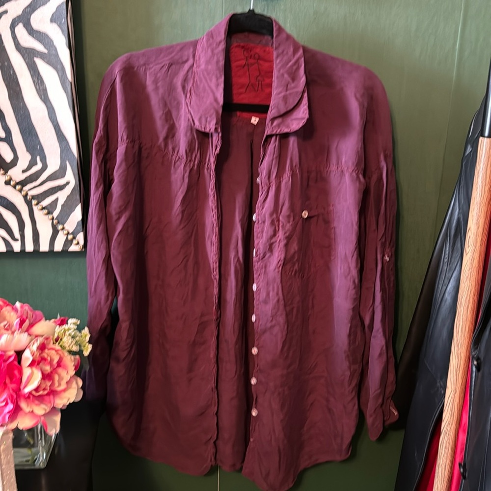 Johnny Was Pete & Greta Silk Blouse Top Maroon Long Sleeve Button Up